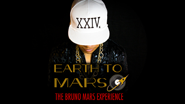 A photo of the Earth to Mars front man looking down at the bands logo on a black background.