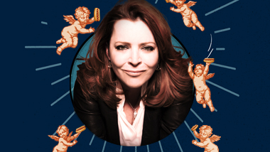 Kathleen Madigan surrounded by angels holding hot dogs on a dark blue background.