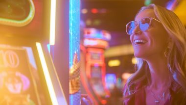 Woman playing at a slot machine