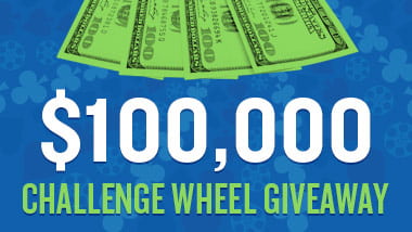 Picture of four $100 bills with a bright green overlay above the words "$100,000 Challenge Wheel Giveaway."