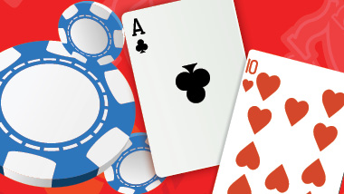 Blue casino chips, an Ace of clubs, and a 10 of hearts against a red background