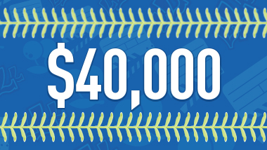 $40,000 with green baseball stiching as a border against a blue background