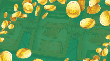 Slot machine reels with gren filter and gold coins flying around it