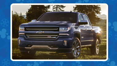 A dark blue Chevrolet Silverado truck on a blue background with a graphic image of cash in green.