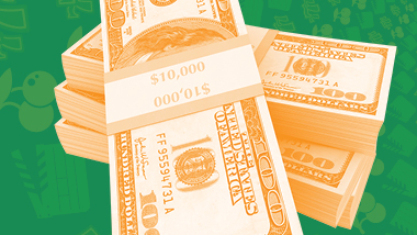 Forty thousand dollars in ten thousand dollar stacks made up of one hundred dollar bills piled ontop of each other with an orange filter over a green swirling background