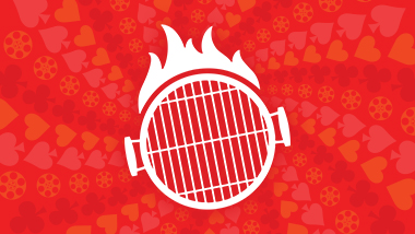 Overhead view of a white, vector icon grill top with flames on a red background.