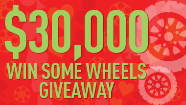 $30,000 Win Some Wheels Giveaway spelled out in green on a red background. Transparent light red wheel icons appear on the right.