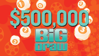 $500,000 Big Draw Giveaway is spelled out in teal on an orange background. Lottery balls are scatted behind the text.