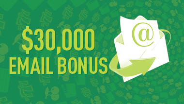 $30,000 Email Bonus spelled in light green on a green background. An open envelope with an at symbol and an arrow wrapping around it is next to the text on the right.