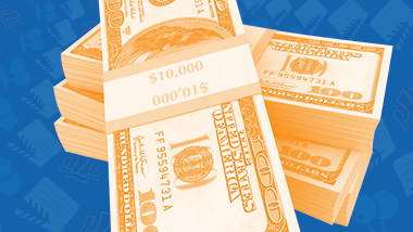Stacks of orange one hundred dollar bills against a blue swirling background