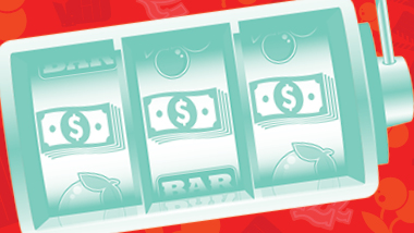 Blue slot machine hitting all mone signs against a red swirling background