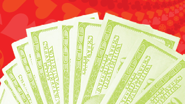 Green one hundred dollar bills displayed against a red swirling background